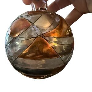 PartyLite Mosaic Glass Globe Ornament P7039 – Amber Iridescent HandBlown Romania
